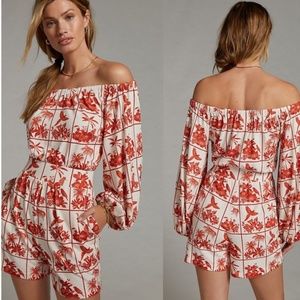 NWT FARM Rio Anthropologie Boho Floral Animal Print Romper Red White Large